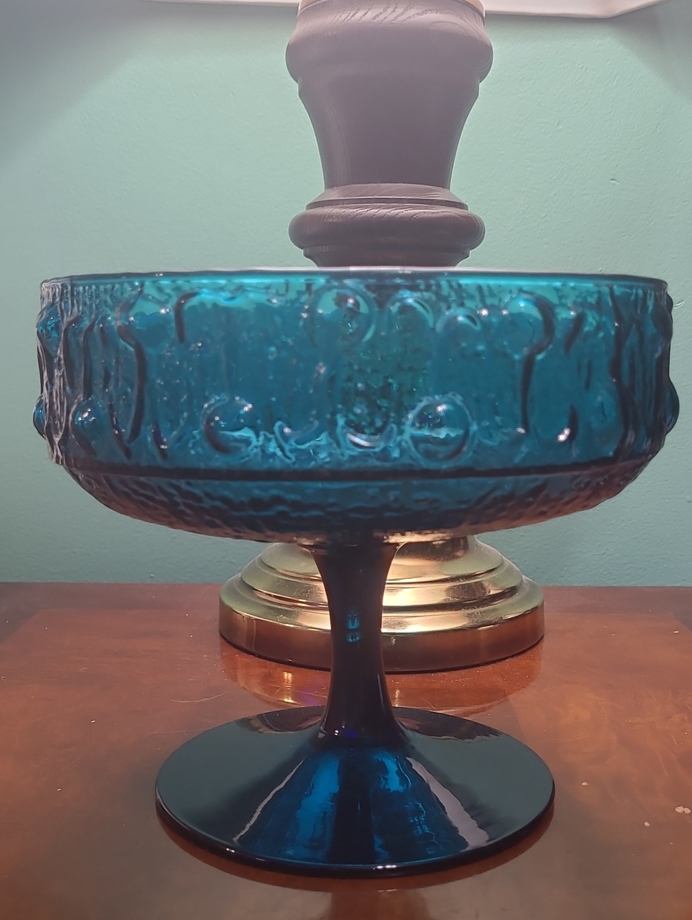 Teal Blue Stelvia Italian art glass compote designed by Wayne Husted